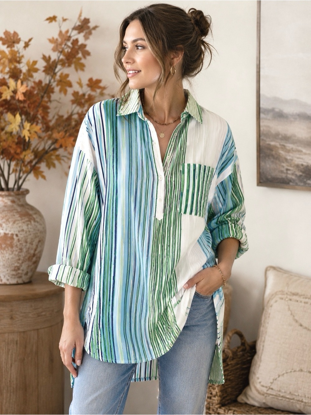 Anthropologie Maeve Lena Striped Henley Tunic Blouse M Oversized